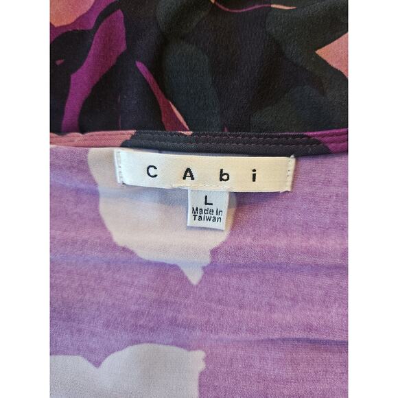 Cabi Dress LG Purple Black Floral Print Faux Wrap Midi Stretch 3/4 Sleeve V-Neck - Picture 8 of 10